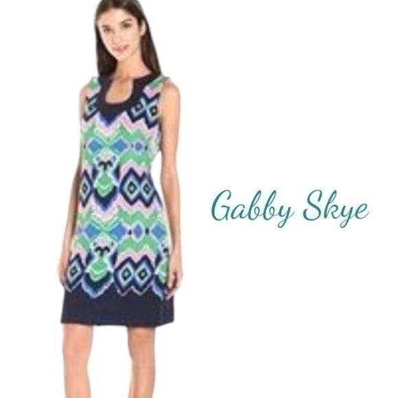 Gabby Skye Navy Pink Aztec Print Feminine Career Work Dress NWOT Size 8 - Picture 1 of 11